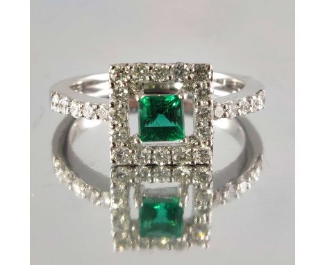 An 18ct gold square-shape emerald and brilliant-cut diamond cluster ring, emerald weight 0.41ct, total diamond weight 0.52ct,