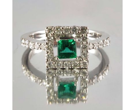 An 18ct gold square-shape emerald and brilliant-cut diamond cluster ring, emerald weight 0.41ct, total diamond weight 0.52ct,