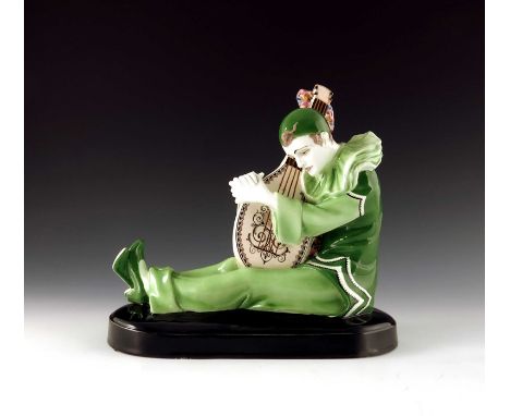 Wilhelm Thomasch for Goldscheider, Sitting Pierrot with Lute, model 5117, designed circa 1923, impressed signature to base, s