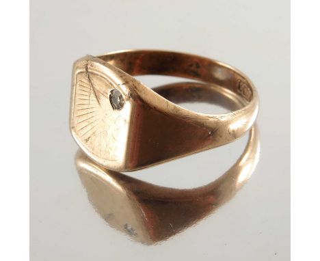 A 9ct gold single-cut diamond accent signet ring, hallmarks for Birmingham 1960, ring size S, 5.6g