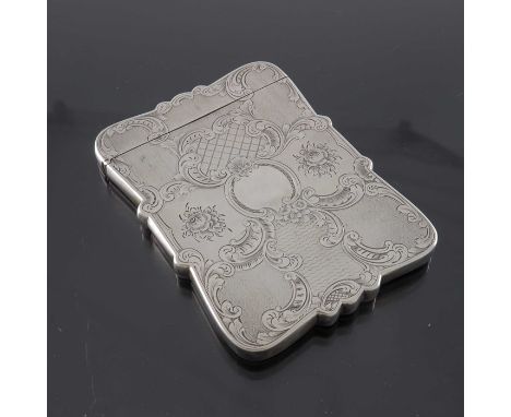 A Victorian silver castle top card case, Taylor and Perry, Birmingham 1847, engine turned and engraved with a watery landscap