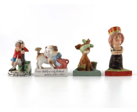 Four Schafer and Vater novelty bisque match holders, including dog with bee, Alice in Wonderland Queen, bandaged dog and Scot