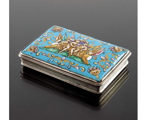 A Louis XV French white metal and enamelled snuff box, circa 1740, rectangular form, the lid with raised and gilt enamel, the