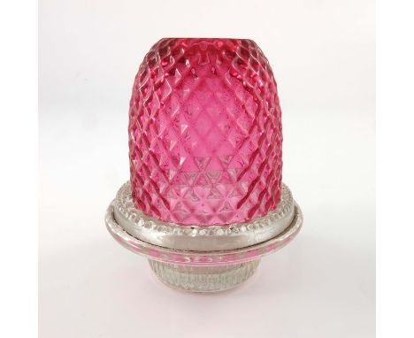 A Clarke fairy Pyramid lamp and base, cranberry  hobnail moulded domed shade on colourless glass base, 10cm high