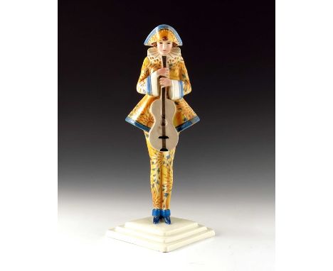 Stephan Dakon for Goldscheider, 'Aschermittwoch'  standing Pierrette with guitar, model 5903, designed circa 1929, impressed 