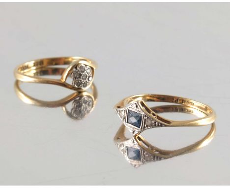 Two mid 20th century 18ct gold rings, to include a single-cut diamond floral cluster ring, together with a sapphire and diamo