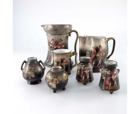 A collection of Royal Bayreuth porcelain, decorated with Peasant Musicians, in tavern interiors, including jugs and silver ri