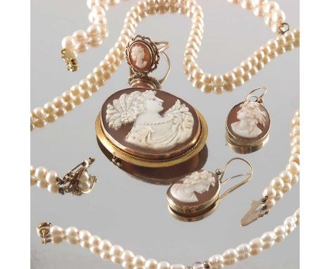 A selection of jewellery including a pair of shell cameo earrings, a ring and a brooch, together with two cultured pearl brac