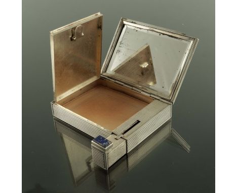 G Ciardetti, an Italian silver combination compact, circa 1950s, cuboid form, reeded and set with a square lapis plaque to th