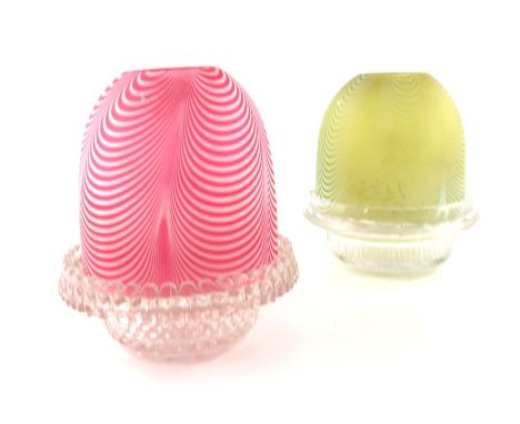 A Nailsea Verre Moire glass fairy lamp, combed opaque over red domed shade, on Clarke's moulded base, 12.5cm high, together w