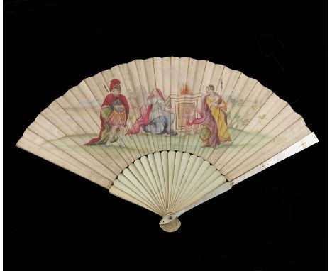 λ Two 18th century ivory fans, an early 18th century ivory fan with ivory monture, the head coming to a definite point, the g