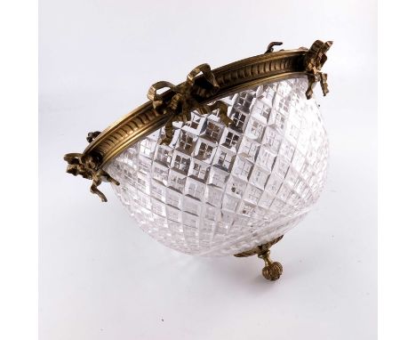 A cut glass and gilt metal pendant light fitting, the hemispherical shade hobnail cut, suspended from three chains