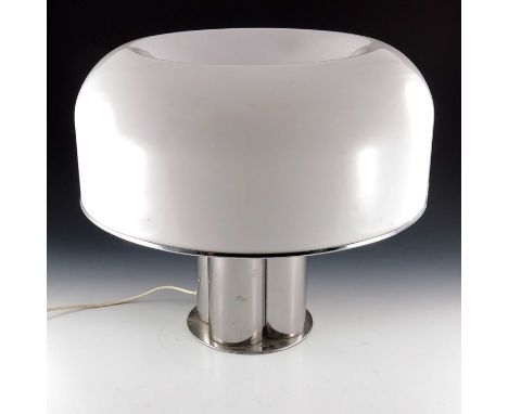 A large Cosmo Designs style table lamp, 1970s, four tubular chrome supports and a wide cushion domed white plastic shade, on 