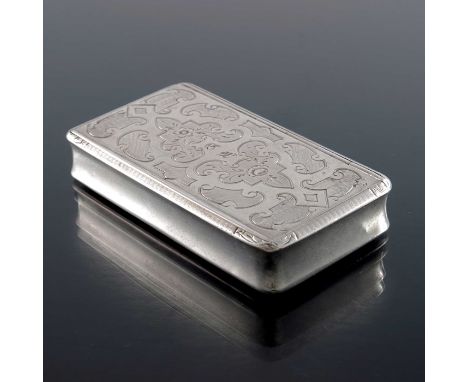 A French silver snuff box, 19th century, rectangular section, engraved with Renaissance scroll cartouche trellis and engine t