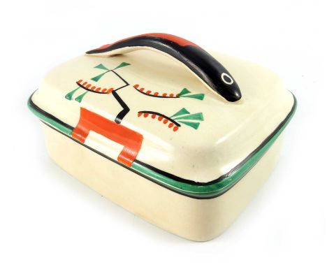 Clarice Cliff for Newport Pottery, a Ravel sardine dish, moulded fish handle, printed Bizarre and Honeyglaze marks, 13cm wide