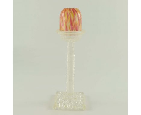 A Victorian marbled glass fairy lamp, on Clarke's moulded pedestal stand, pink, opaque and yellow domed shade, on hobnail mou