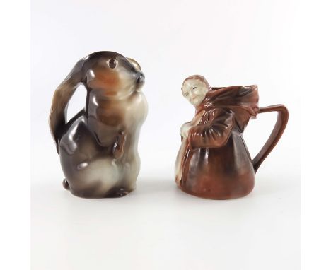 Two Royal Bayreuth porcelain novelty creamer jugs, including Rabbit and Monk, 13.5cm high (2)