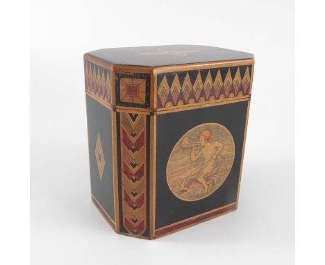 A Secessionist painted wooden tea caddy, parquetry style cuboid form, two roundels painted in the style of Michael Powolny fo