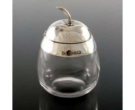 A Victorian novelty silver and glass preserve jar, Norton and White, Birmingham 1896, in the form of an apple, the ribbed gla