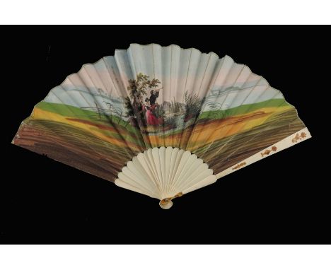 λ Two early 19th century fans, a 19th century fan with double paper leaf, circa 1830s, the simple ivory monture inset with to