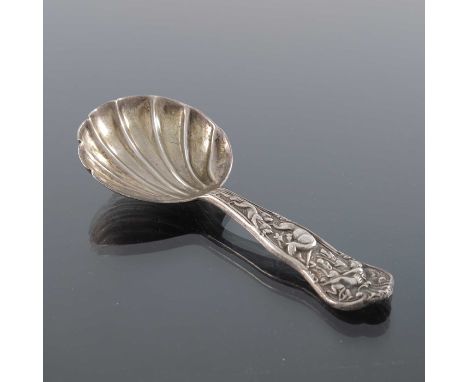 A Victorian silver caddy spoon, London 1879, Hunt Pattern on Kings shape, with scalloped bowl, 10.5cm long, 0.90ozt