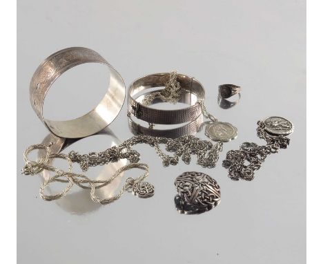 A selection of silver jewellery, to include a mid 20th century Charles Horner adjustable buckle belt design bangle, a 1960s b