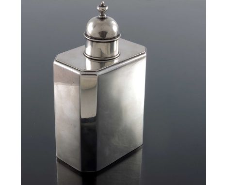An Edwardian silver tea caddy, Deakin and Francis, Birmingham 1909, early 18th century style, chamfered cuboid form with dome