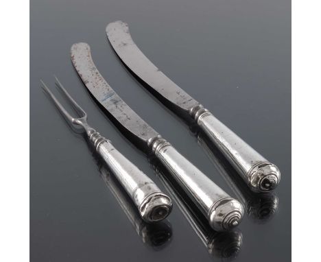 A pair of Queen Anne silver cannon handled knives and a fork, circa 1710, with steel blades and tines, conical form with turn