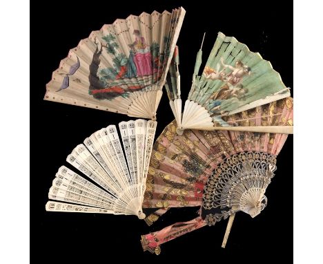 λ A selection of mainly Regency period ivory fans for spares or repair: the first, being contained in a red period fan tube, 