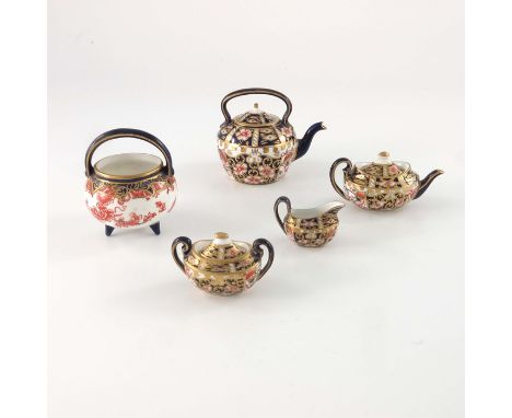 A Royal Crown Derby miniature Imari tea set, together with a kettle and a cauldron, 7cm high (5)