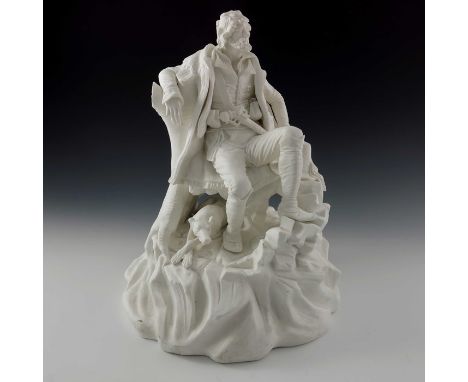 A French bisque porcelain figure group of a Vaquero or Spanish cowboy, modelled sitting on a rocky mound next to a tree stump