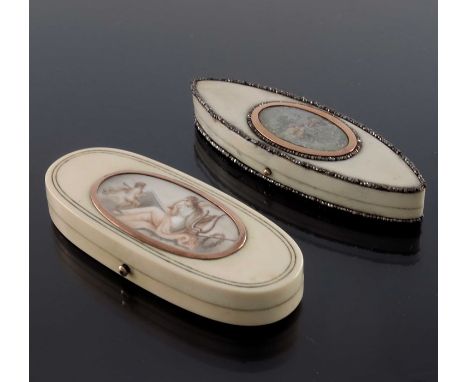 Two 18th century ivory patch or toothpick boxes, one of navette form with cut steel beaded borders around a central painted p