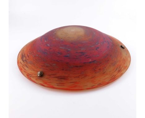 An Art Deco pate de verre glass pendant light, in the style of Muller Freres and Daum, shallow dished form, mottled orange an