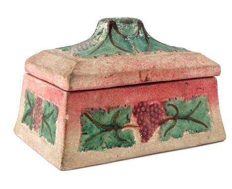 Mary Watts for Compton Pottery, an Arts and Crafts relief moulded Vine trinket box, cuboid form, painted in green over blush,