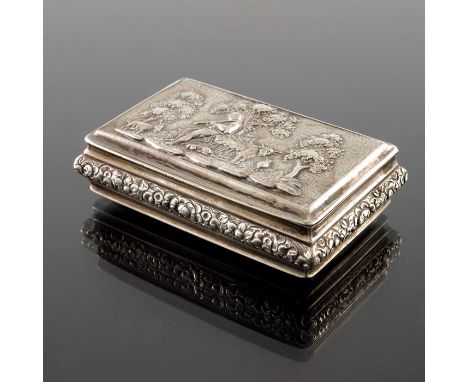 A George IV silver snuff box, Thomas Shaw, Birmingham 1826, rectangular form, the lid cast and chased with a pastoral scene w