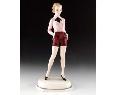 Stefan Dakon for Goldscheider, 'Bubi; (Louise Brooks), modelled as a standing young lady with light curly hair, model 6210 de