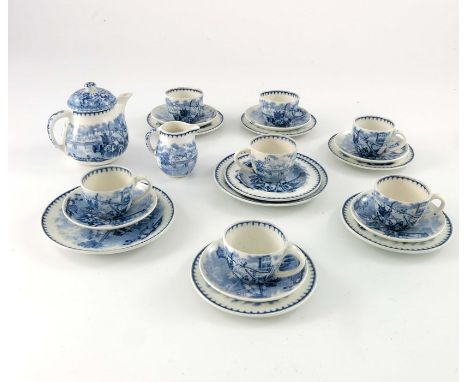 A Wedgwood blue and white toy tea service, circa 1863, transfer printed with Italian lake scenes, including miniature teapot,