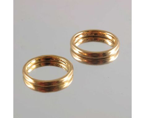 Two wedding bands, including a 22ct gold ring, with hallmarks for London, together with another unmarked example, ring sizes 