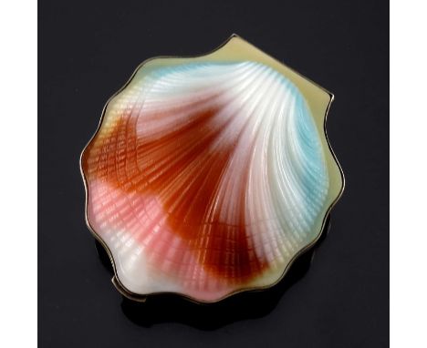 A Russian silver gilt and marbled cellulose compact, St Petersburg, circa 1940s, in the form of a scallop shell, relief mould