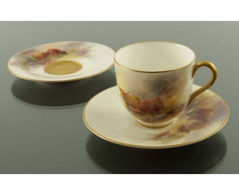 Harry Stinton for Royal Worcester, a Highland Cattle painted coffee cup and two saucers, 1909 and 1916, signed to each, puce 