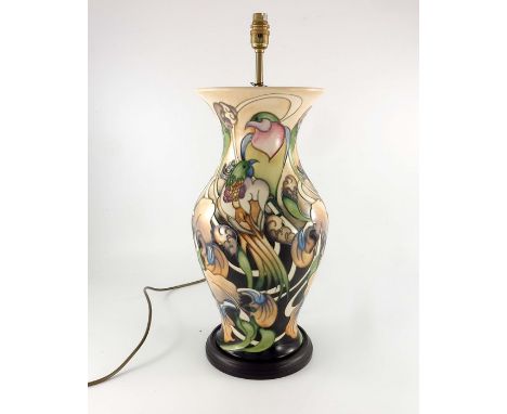 Emma Bossons for Moorcroft, a Fleur-De-Luce lamp base, circa 2011,  baluster form on wooden socle base, 48.5cm high (excludin
