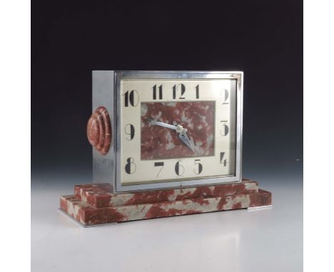 An Art Deco marble and chrome mantle clock, Goldsmiths and Silversmiths Company, London, the rectangular chapter ring with Ar