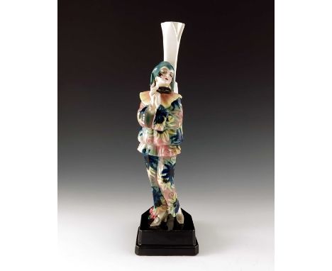 Stephan Dakon for Goldscheider, Pierrette with mask lamp base,  model 5532, designed circa 1925, impressed signature to colum