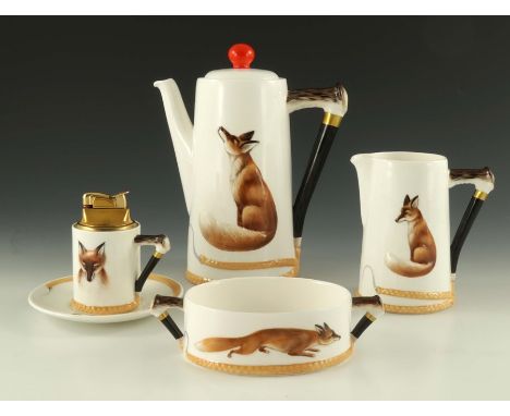 A Royal Doulton Reynard the Fox three piece coffee set, circa 1945, moulded in low relief with a seated fox, the handle model