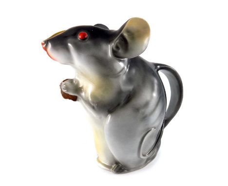 A Royal Bayreuth porcelain novelty water pitcher, in the form of a mouse, grey with red eyes, 19.5cm high