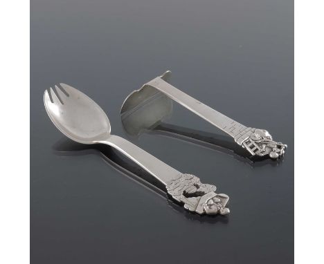 A pair of Danish silver novelty eating tools, Copenhagen 1938, including pusher and spork, each cast with novelty terminals i