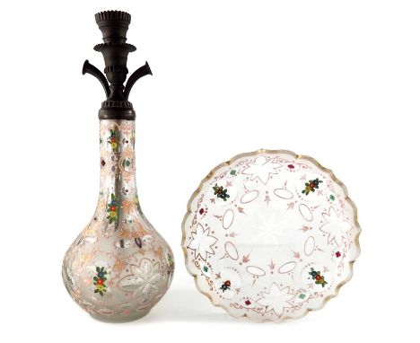 A Bohemian enamelled glass hookah pipe and stand, with metal mounts, the body lens cut and enamelled with pink foliate sprigs