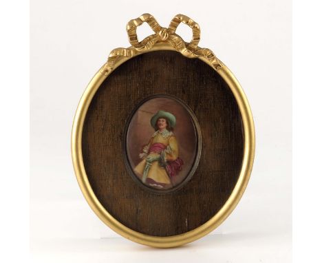 Leslie Johnson for Royal Doulton, a painted portrait plaque of a Cavalier, three quarter length, 7.5cm x 5.5cm, framed