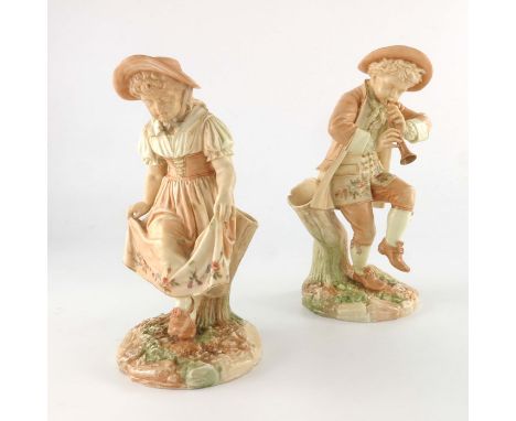 James Hadley for Royal Worcester, circa 1890, a pair of  figures, young boy playing a pipe and dancing girl, both on circular