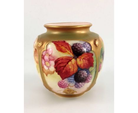 K Blake, for Royal Worcester, a vase, circa 1951, painted with blackberries and blossom, signed, black printed marks, 8.5cm h